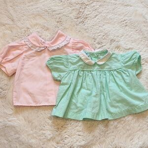 2 Vintage Baby Girl Shirts with Lace, Peter Pan Collar, Pink and Mint Green